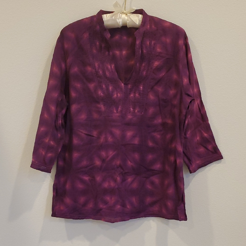 Relaxed Purple Tie-Dye V-Neck Tunic Top